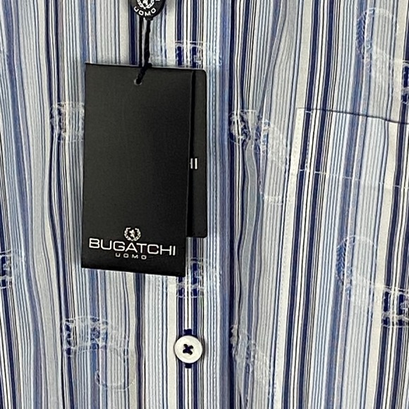NWT Bugatchi Men Shirt Blue Black Paisley Striped Long Sleeve Flip Cuffs Med New - Picture 7 of 7